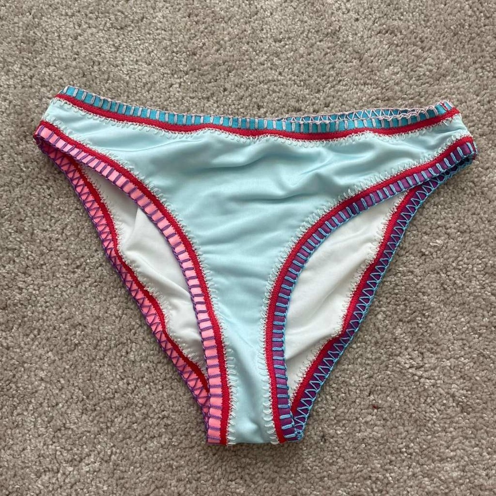 Platinum Swimwear Solange Ferrarini Blue Crochet Trim Bikini Bottom Large